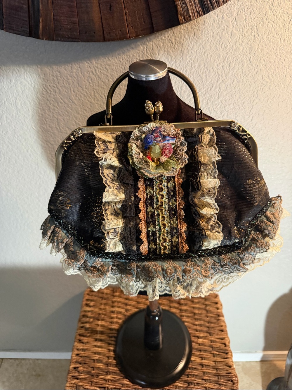 Malina Victorian Style Lace Rhinestone Floral Embellished Frame Handbag Purse